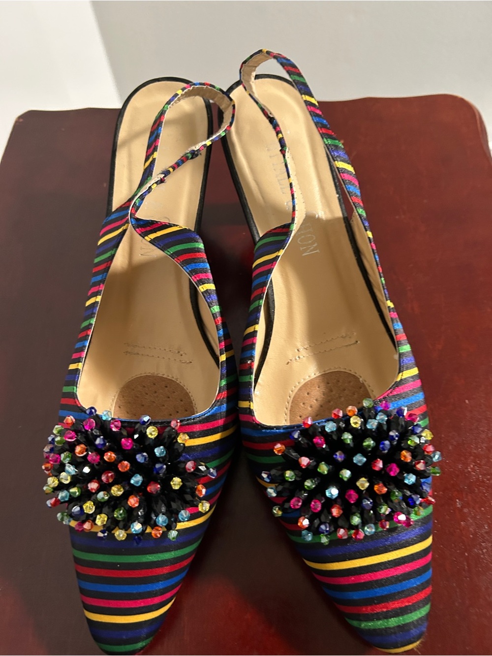 Multicolor Striped Slingback Pumps with Jeweled Pom Detail